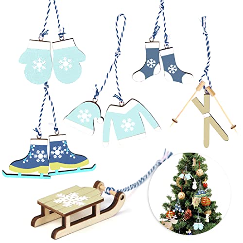 Weihnachtsbaumschmuck Holz, 6pcs Christbaumschmuck Wintersport Blau, Weihnachtsanhänger Holz, Miniatur Schlitten Deko Weihnachten, Tannenbaumschmuck Holz Schlittschuhe, Handschuhe von Bluelves