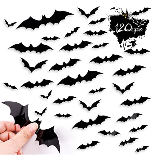 Bluelves 120 Stück Halloween 3D Fledermäuse Wand Aufkleber, 4 Größen Fledermaus Gruselige Fledermaus-Wanddekoration,Halloween Fledermaus Aufkleber für Fenster Wand, DIY Halloween-Partyzubehör von Bluelves