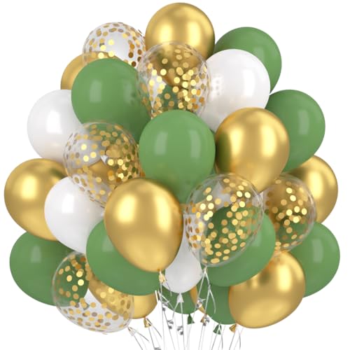 Luftballons Grün Gold Weiß, 60 Stück Helium Ballons Oliv Grün Salbei Weiß, Gold Metallic Luftballons Latex Ballons Retro Grün Weiß mit Gold Konfetti für Luftballons Girlande Geburtstag Hochzeit Deko von Bluelves