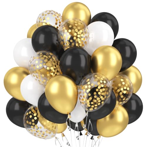 Luftballons Schwarz Gold, 60 Stück Metallic Gold Ballons, Luftballons Golden Konfetti, Deko Hochzeit Schwarz Gold Weiss, Helium Balloons für Kindergeburtstag Geburtstagsdeko von Bluelves
