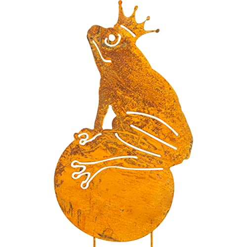 Blümelhuber Frosch Figur Froschkönig auf Kugel in Zauberhafter Rostoptik Gartenstecker Rost - Gartendeko Metall von Blümelhuber