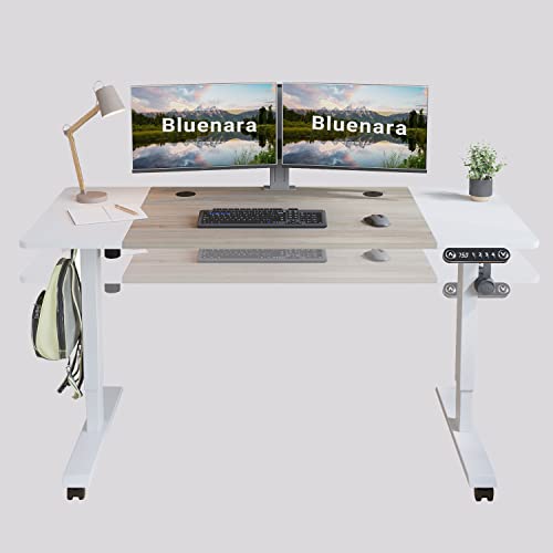Bluenara Schreibtisch Höhenverstellbarer Elektrisch, 140x60 cm Sitz- & Stehpult-Schreibtisch 2-Fach-Teleskop mit Eiche + weiße Tischplatte (Gestell Weiß), 4 voreingestellte Höhen von Bluenara