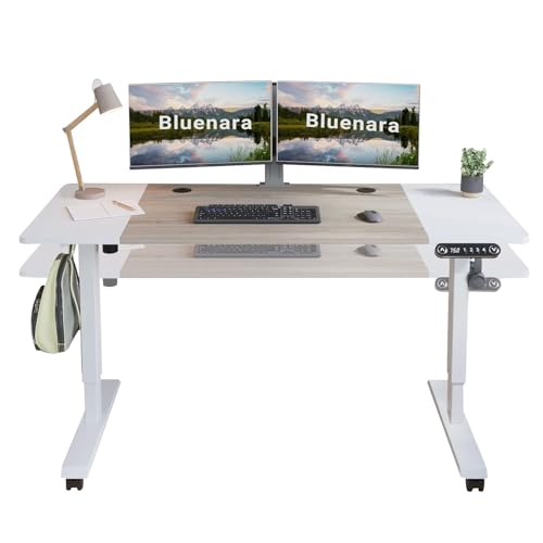 Bluenara Schreibtisch Höhenverstellbarer Elektrisch, 140x60 cm Sitz- & Stehpult-Schreibtisch 2-Fach-Teleskop mit Eiche + weiße Tischplatte (Gestell Weiß), 4 voreingestellte Höhen von Bluenara