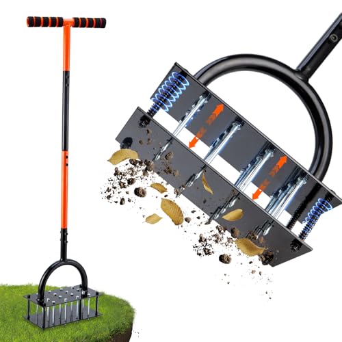 Bluesea Rasenbelüfter Werkzeug - 16 Eisen-Spikes mit ergonomischem T-Griff, automatische Schmutzreinigung für Bodenlockerung & Hofbelüftung, manueller Metall-Grasbelüfter (Schwarz - Orange) von Bluesea