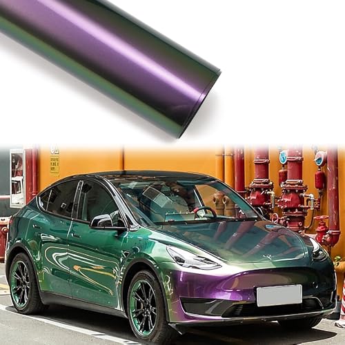 Blueshyhall Autofolie Lila Grün Glanz Metallic, Car Wrapping Folie mit Chamäleon Effekt, Verlauf Tuning Folie Innen Außen Selbstklebend Wasserfest Kratzfest mit Luftkanälen (50 x 152 cm) von Blueshyhall