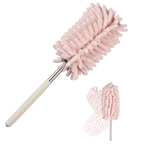 Blueshyhall Mikrofaser Staubwedel Lang Ausziehbar Knickbar Waschbar, Rund Staubwedel Teleskop Klein mit Verlängerungsstange (29-76 cm) für Auto Büro Staubsauger Spinnweben Kinder (Rosa) von Blueshyhall