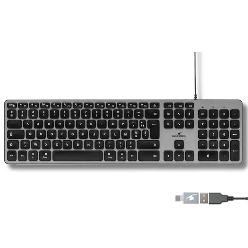 Bluestork Französische AZERTY-Tastatur, kabelgebunden, für Mac – konkave und leise Tasten, 13 Multimedia-Hotkeys, USB-/USB-C-Adapter – Tastatur für Mac und iPad – Schwarz von Bluestork