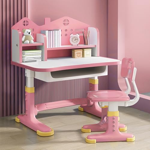 Bluethy Kinderschreibtisch Höhenverstellbar, Kinder Tisch Stuhl Set mit Schublade und Schlossrückenlehne, Höhenverstellbarer Schreibtisch und Stuhl für Kinder, Mädchen Jungen, Cartoon Design (Rosa) von Bluethy