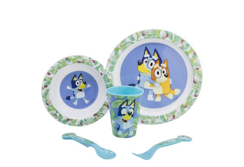 Bluey Kindergeschirr-Set Bluey und Bingo Kinder Geschirr-Set 5 teilig (5-tlg), 1 Personen, BPA-Frei, Becher Besteck Teller Schüssel von Bluey
