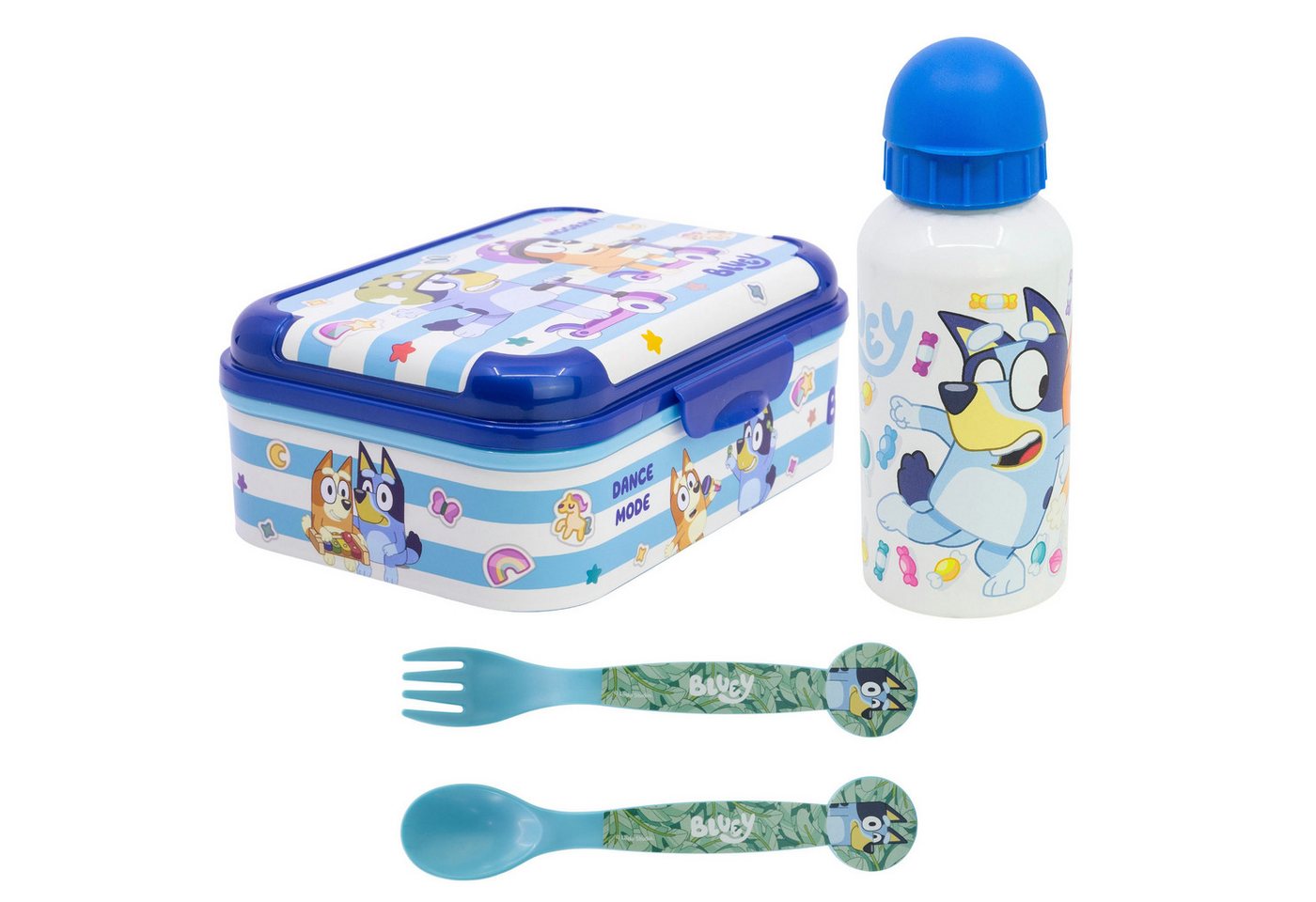 Bluey Lunchbox Bluey Bingo Kinder 4 teiliges Set Brotdose Alu Trinkflasche Besteck, (4-tlg., Spar-Set), 400 ml von Bluey