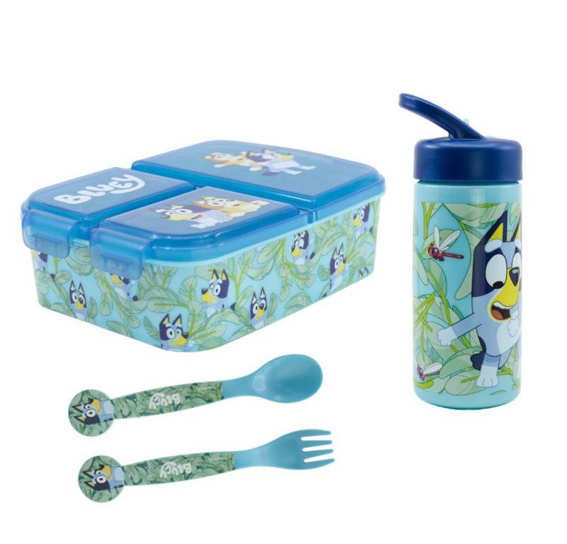 Bluey Lunchbox Bluey Bingo Kinder 4 teiliges Set Brotdose Trinkflasche Besteck, (2-tlg., Spar-Set), 410 ml von Bluey