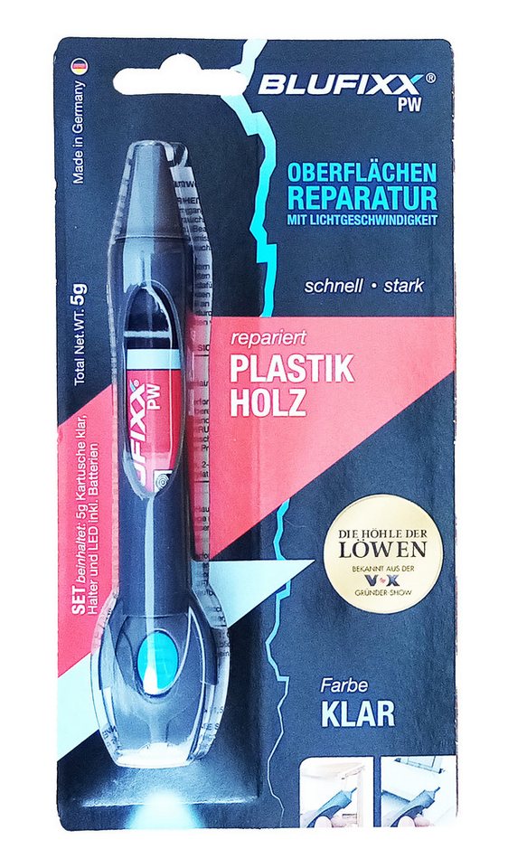 Blufixx Kunststoff-Reparaturset REPARATURSTIFT mit UV LED Klar 5g Lichthärtendes Gel 91 (Rot), Oberflächen Reparaturgel für Plastik Holz Oberflächenreparatur von Blufixx