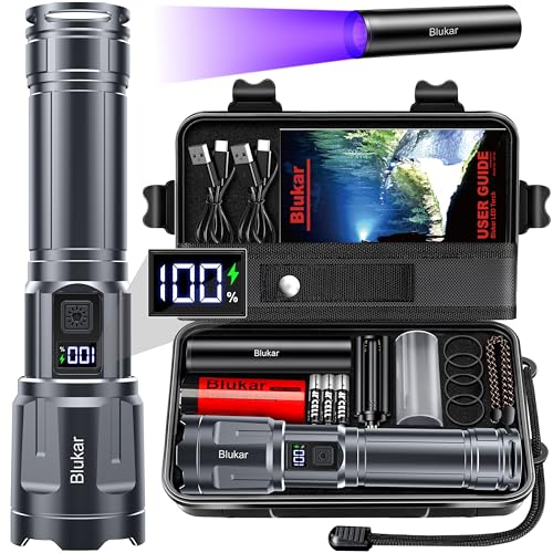 Blukar LED Taschenlampe, Extrem Hell Zoombare Taktische Taschenlampen USB C Aufladbar, IP67 Wasserdichte Handlampe mit 4 Lichtmodi & 3 Farbtemperaturen, für Camping, Wandern, Notfäll, Eisengrau von Blukar