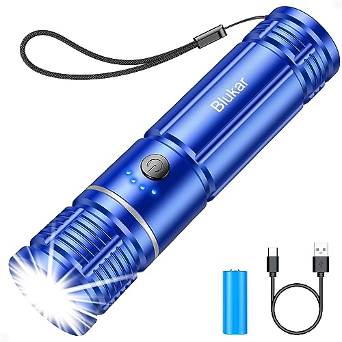 Blukar LED Taschenlampe Aufladbar, Extrem Hell Zoombare Mini Taschenlampe mit 5 Lichtmodi, Lange Laufzeit, Wasserdichtes Flashlight für Outdoor, Camping, Wandern, Notfäll usw-Blau von Blukar