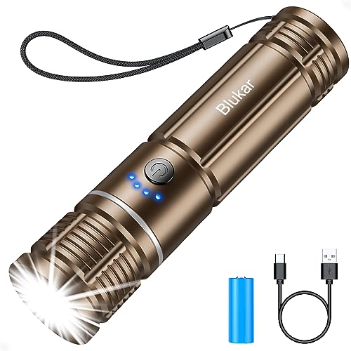 Blukar LED Taschenlampe Aufladbar, Extrem Hell Zoombare Mini Taschenlampe mit 5 Lichtmodi, Lange Laufzeit, Wasserdichtes Flashlight für Outdoor, Camping, Wandern, Notfäll usw-Braun von Blukar