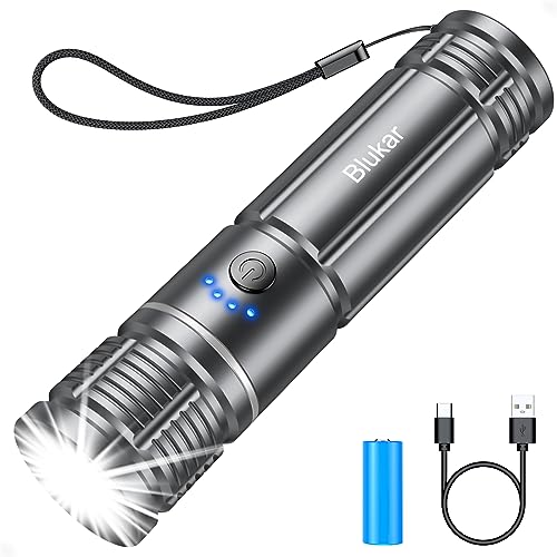 Blukar LED Taschenlampe Aufladbar, Extrem Hell Zoombare Mini Taschenlampe mit 5 Lichtmodi, Lange Laufzeit, Wasserdichtes Flashlight für Outdoor, Camping, Wandern, Notfäll usw-Grau von Blukar