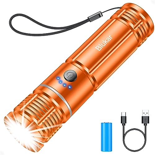 Blukar LED Taschenlampe Aufladbar, Extrem Hell Zoombare Mini Taschenlampe mit 5 Lichtmodi, Lange Laufzeit, Wasserdichtes Flashlight für Outdoor, Camping, Wandern, Notfäll usw-Orange von Blukar