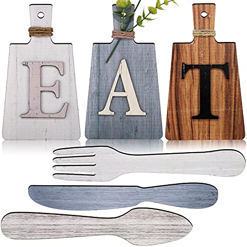 6 Stücke Schneiden Brett Eat Schild Set Hängend Küche Eat Schild Gabel Löffel und Messer Holz Dekoration Rustikal Küche Wanddekoration für Bauernhaus Esszimmer Haus Dekor (Vintage Farbe) von Blulu