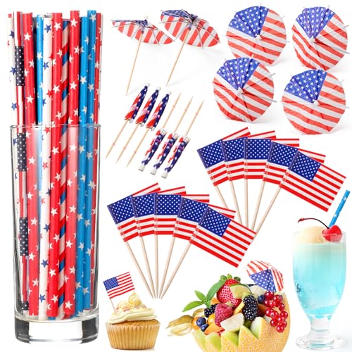 Blulu 150 Cocktail Zahnstocher Set für Unabhängigkeitstag Enthält 50 Cocktailspieße zum 4. Juli 50 Cocktailschirmchen 50 USA Flaggen Papier Cocktail Strohhalme für Patriotische Party Themen Deko von Blulu
