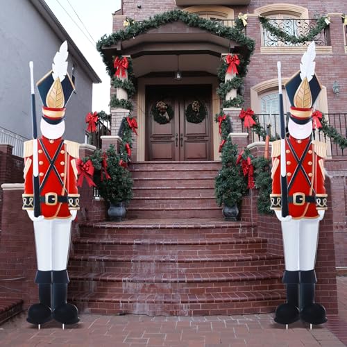 Blulu 2 Stück 1,8 m großes Metall Weihnachten Nussknacker Hofschild mit Heringen Xmas Yard Outdoor Dekorationen Nussknacker Rasenschild Soldat für Outdoor Garten Weg Gehweg Winter Urlaub Party von Blulu