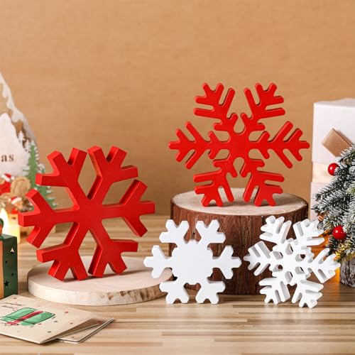 Blulu 4 Stück Winter Holz Schneeflocken Dekor Weihnachten Schneeflocken Schilder Tischdekorationen Winter Holz Xmas Stehtisch Schild Weihnachten Kamin Dekoration für Party (Rot und Weiß) von Blulu