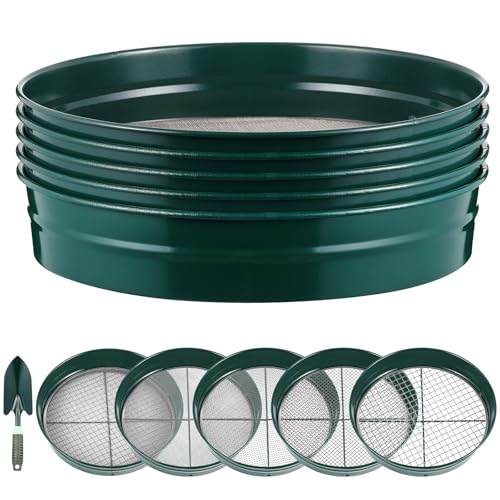 Blulu 5 Stück 37 cm breit stapelbare Klassifizierer Gold Prospektionspfannen-Set Goldschwenklassifizierer Sieb-Set Bodensieb, 1/2 Zoll, 1/8 Zoll, 1/12 Zoll und 1/20 Zoll Edelstahlgeflecht, Grün von Blulu