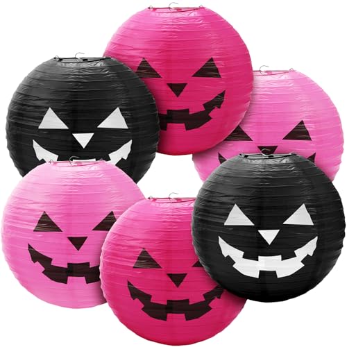 Blulu 6-teiliges Halloween-Papierlaternen-Set zum Aufhängen, Kürbis-Papier, Jack-O'-Lantern für Halloween, gruselige Party-Dekoration, 30 x 27 cm (Rosa, Schwarz) von Blulu