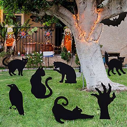 Blulu 8 Stücke Schwarz Silhouette Hof Zeichen Süß Katzen Garten Pfahl Dekorative Tier Statuen Outdoor Rasen Hof Schild mit Pfahl für Halloween Haus Garten Dekoration Lieferungen von Blulu