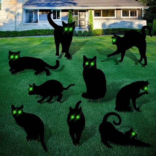 Blulu 9 Stück Halloween schwarze Katze Silhouette Hofschild Dekoration Gruselige Katze Gartenstecker dekorative Statuen Outdoor Rasen Hof Schild mit LED leuchtenden Augen für Outdoor Garten Party von Blulu