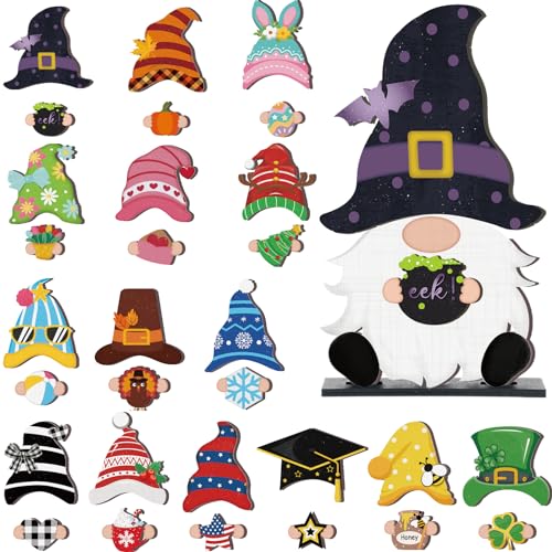 Blulu Austauschbare Holz-Zwerg-Dekoration, DIY, Urlaub, Halloween, Winter, Erntedankfest, saisonale abgestufte Tablett-Dekoration mit Magnetstücken, Willkommensschild für Dekorationen (niedlich) von Blulu