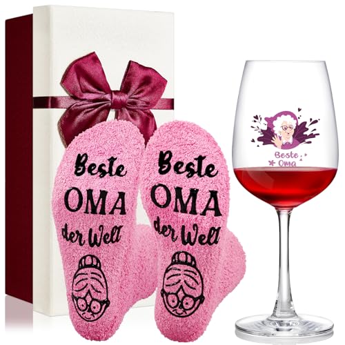 Blulu Geschenkset für Oma inklusive 1 Weinglas mit Box und 1 Oma Socken Weinglas mit Gravur Beste Oma Lustige Socken Geschenk für Oma Geburtstag Muttertag Jahrestag Valentinstag von Blulu