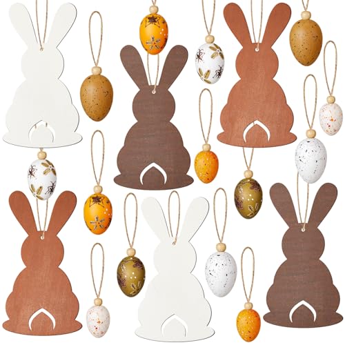 Blulu Ostern Hängende Dekoration Set inklusive 6 Stück Ostern Holz Hasen Aufhängen Ornamente 12 Stück Kunststoff Ostereier mit Federn für Ostern Strauß Party Zubehör Haus Garten Baum von Blulu