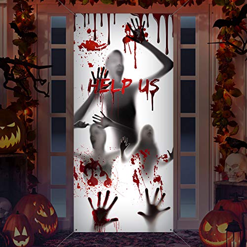 Große Halloween Fenstertür Abdeckung Stoff Gruseligem Handabdruck und Schattiger Figur Halloween Requisiten Poster Banner für Halloween Spukhaus Dekorationen Halloween Zubehör von Blulu