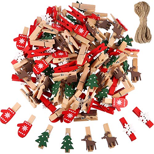 Weihnachten Holz Clips 100 Stück Mini Holz Handwerk Wäscheklammern Foto Papier Stift Handwerk Clip Weihnachtsbaum Schneeflocke Rentier Handschuhe Bilder Hinweis Clips mit 10 Meter Hanf Schnur von Blulu