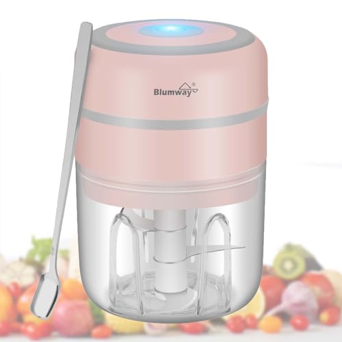 BlumWay Mini Zwiebelschneider, 250ML Mini Knoblauchhacker Gemüsezerkleinerer Elektrisch Zerkleinerer mit 3 Scharfen Klingen für Knoblauch Gemüse Obst Fleisch, Rosa von BlumWay