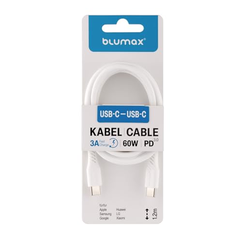 Blumax Kabel USB-C auf USB-C (1,2m) 3A 60W kompatibel mit OOONO CO-DRIVER NO2 (Weiß) von Blumax
