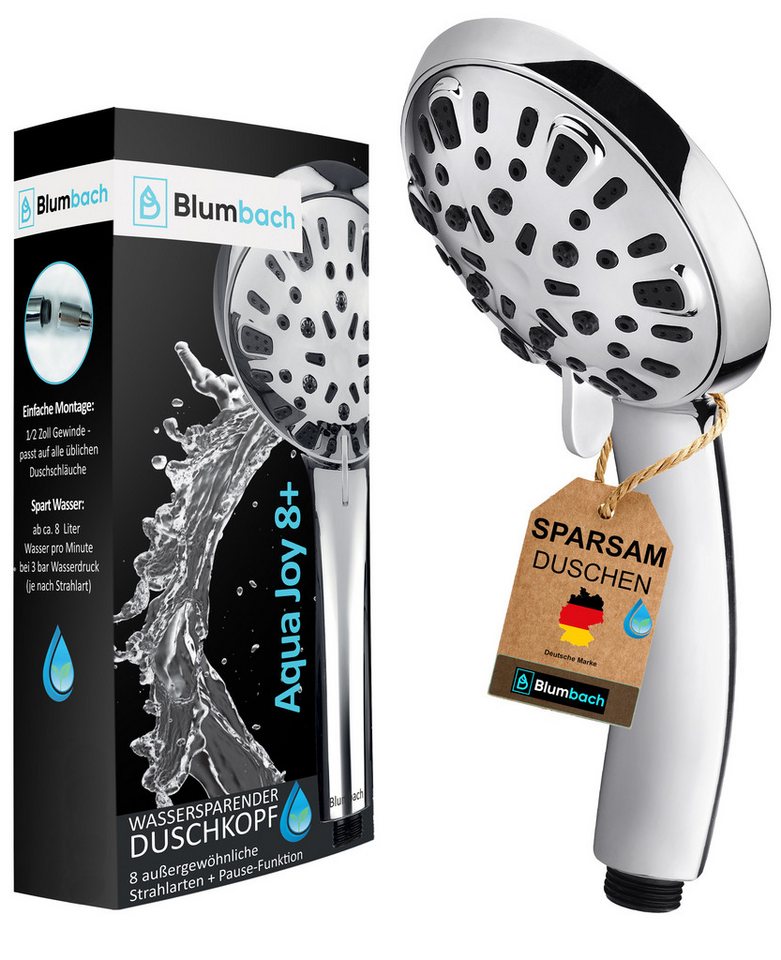 Blumbach Handbrause - Duschkopf Aqua Joy, (wassersparender Hochdruck Duschkopf), mit 8 außergewöhnlichen Strahlarten von Blumbach