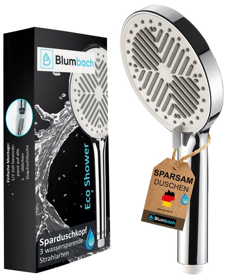 Blumbach Handbrause - Duschkopf Eco Shower, (3 Strahlarten, sehr wassersparend - Wasserverbrauch nur 6 - 9 Liter/min), mit Antikalk Noppen - leicht zu Montieren ohne Werkzeug von Blumbach