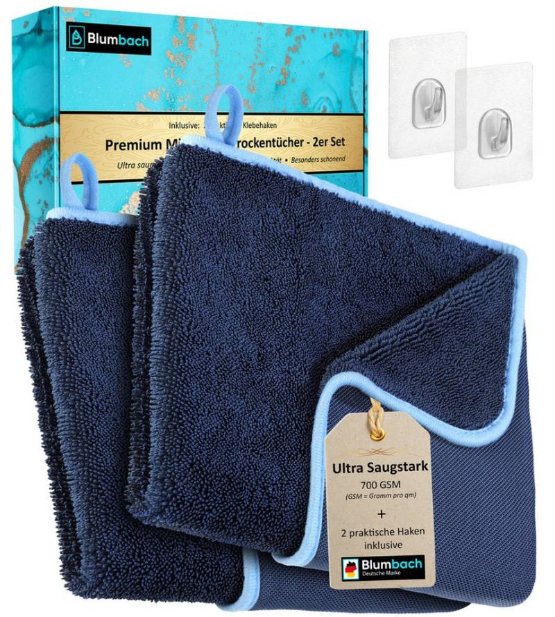 Blumbach Magic Dry Mikrofasertuch (2er oder 3er Set inkl. 2 Klebehaken, 2-tlg., extra hohe Dichte mit 700 GSM, 2 Klebehaken zusätzlich, Fusselfrei) von Blumbach