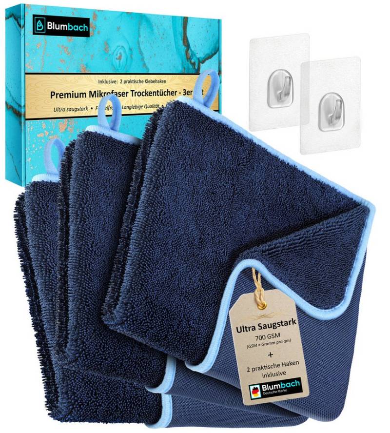 Blumbach Magic Dry Mikrofasertuch (2er oder 3er Set inkl. 2 Klebehaken, 3-tlg., extra hohe Dichte mit 700 GSM, 2 Klebehaken zusätzlich, Fusselfrei) von Blumbach