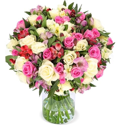 Blumenstrauß Herzensangelegenheit, Strauß mit Weiß/Pinken Rosen, Inkalilien und Pistacie, 7-Tage-Frischegarantie, Qualität vom Floristen, handgebunden, perfekte Geschenkidee von Blume Ideal