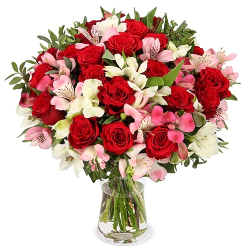 Blumenstrauß Liebesgruß, roter Rosenstrauß, rote Rosen und weiße Inkalilien, 7-Tage-Frischegarantie, Qualität vom Floristen, perfekte Geschenkidee bestellen von Blume Ideal