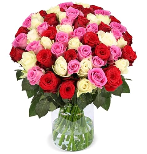 Blumenstrauß “Love Loud”, Rosenstrauß mit 50 roten, pinken und weißen Rosen, ⌀ 40-50cm, 7-Tage-Frischegarantie, Qualität vom Floristen, Ideales Blumengeschenk, Schneller Blumenversand von Blume Ideal