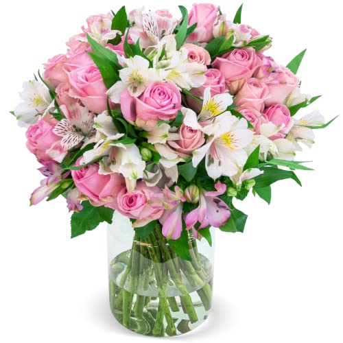 Blumenstrauß Sweet Surprise mit 100 Blüten, rosa Rosen und weiße Inkalilien mit 30 Stielen, 7-Tage-Frischegarantie, Qualität vom Floristen, perfekte Geschenkidee bestellen von Blume Ideal