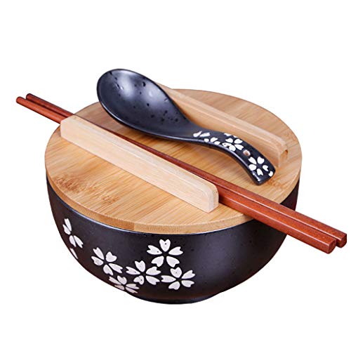 Blumen Pinellia Japanische Art Keramische Schüssel Schwarzes Ramen Suppenschüssel Essstäbchen Mit Deckel Retro Geschirr Hand Gezeichneter Salatschüssel von Blumen Pinellia