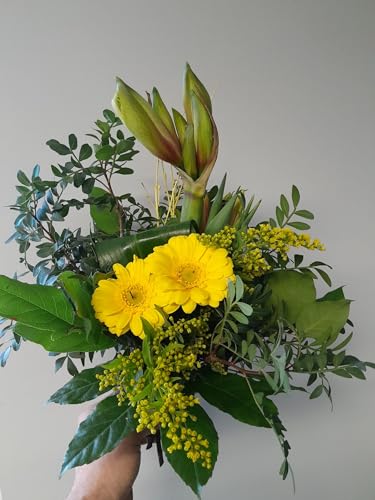 Frühlingserwachen - Bunter Blumenstrauß mit Gelben Chrysanthemen, Grüner Eukalyptus und Frischen Zweigen – mit kostenloser Glückwunschkarte - Perfekt für Frühling und Dekoration von Blumen-Senf