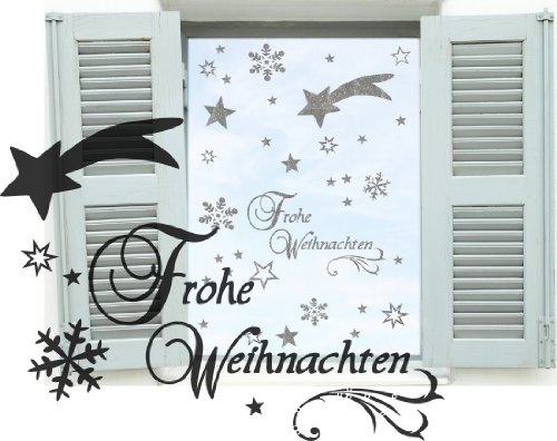 Silbener Dekobogen Weihnachtsfenster 44 Teile Sterne, Sternschnuppe, Schneeflocken, Schriftzug "Frohe Weihnachten" Aufkleber konturgeschnittene Fensterdekoration, Fensterbild / Fensteraufkleber, Wandtattoo Deko Sticker, Autoaufkleber, Weihnachtsdekoration 70015 von Blumenauto