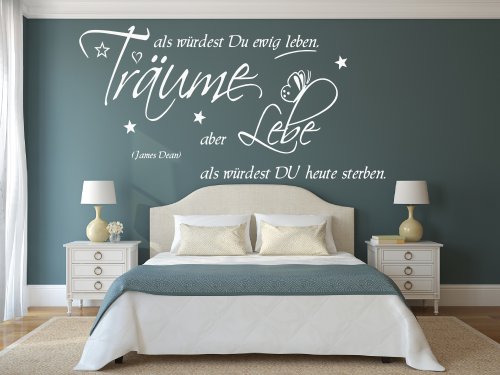 Wandtattoo für Ihr Schlafzimmer, 68057-130x58 cm, ~ Schriftzug: James Dean - Träume als würdest Du ewig leben ~ Wandaufkleber Aufkleber für die Wand, Fliesen, Tapetensticker aus Markenfolie, 32 Farben wählbar von Blumenauto