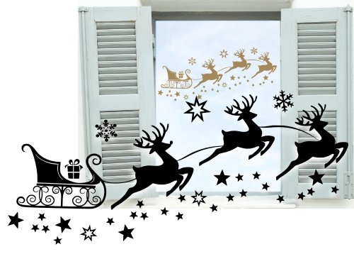 XL 100x45cm in Gold Fensterdekoration zu Weihnachten - Rentierschlitten, Rentier mit 29 Sternen und Schneeflocken 70023 - Aufkleber, Fensterbild / Fensteraufkleber, Wandtattoo Deko Sticker, Autoaufkleber, Weihnachtsdekoration, Schaufenster In- und Outdoor von Blumenauto