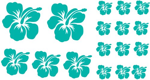 XL Design Set O in Türkis 17 Stück HIBISKUS Blüten Autoaufkleber Blumen oder Wandtattoo selbstklebende Aufkleber fürs Auto, Wandsticker Out- & Indoor, Wandaufkleber & Fensterbild wählen Sie aus 32 Farben! von Blumenauto